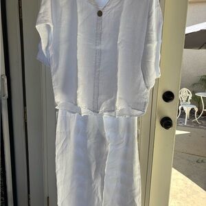 White Linen Two-Piece Set medium wider leg pants elastic